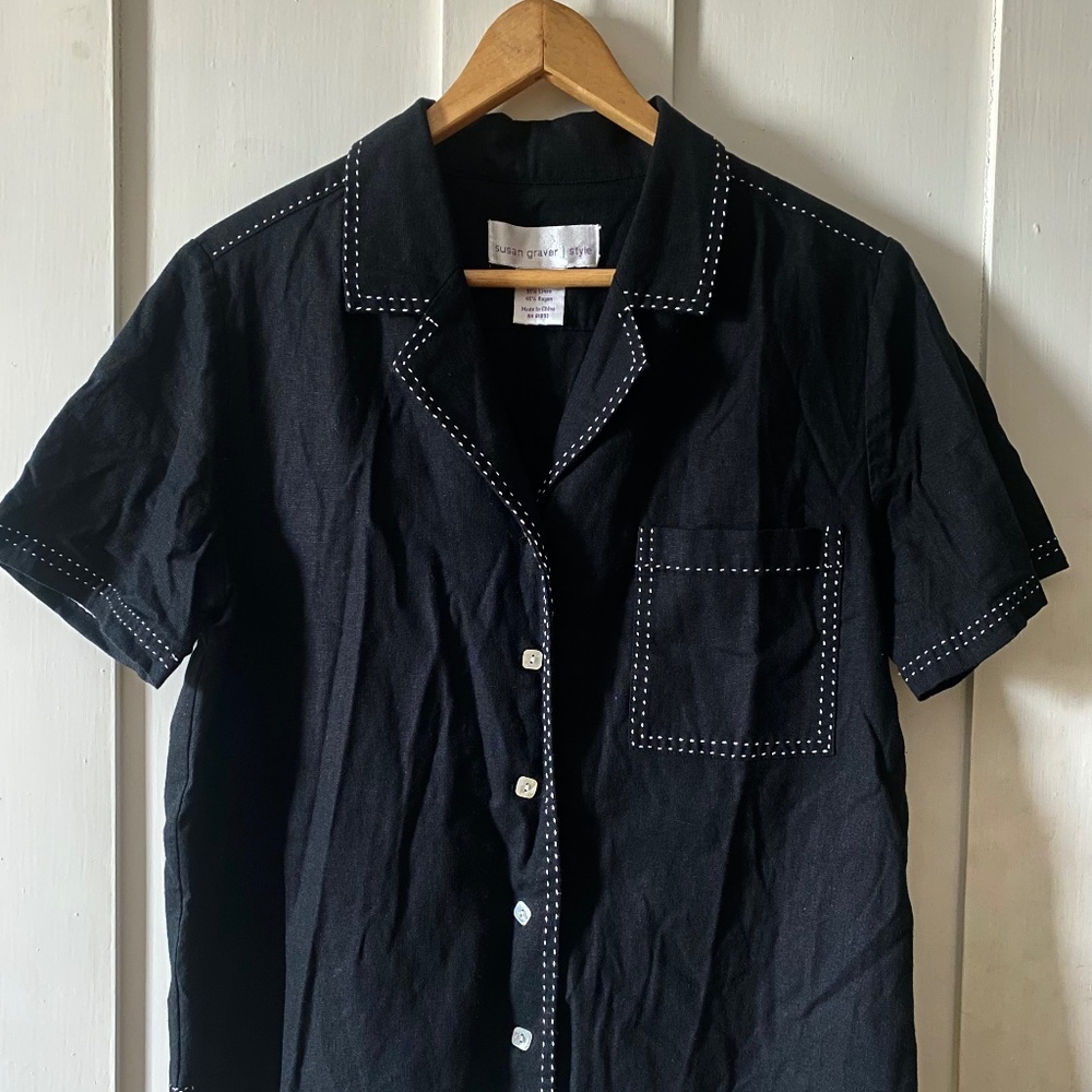 Linen Black Button Down With Stitching Design